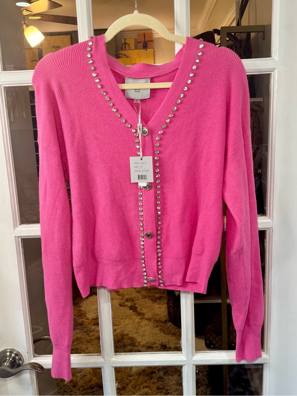 🪩🩷💕 Milano Hot Pink V-Neck Crystal-Trim Bling Embellished Cardigan Sweater 💕🩷🪩 - Picture 2 of 9